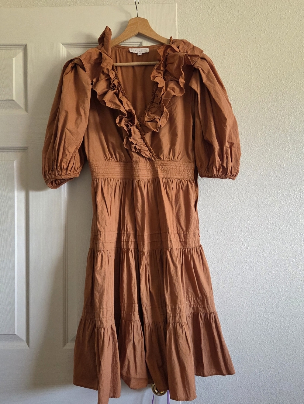 XS Ivy City Co Terracotta Ruffled Midi Dress 100% Cotton
